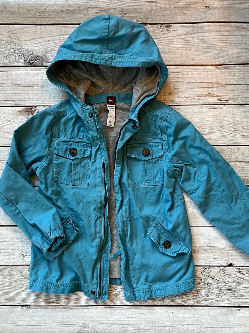 Tea Collection Turquoise Hooded Kids Jacket with Gray Lining